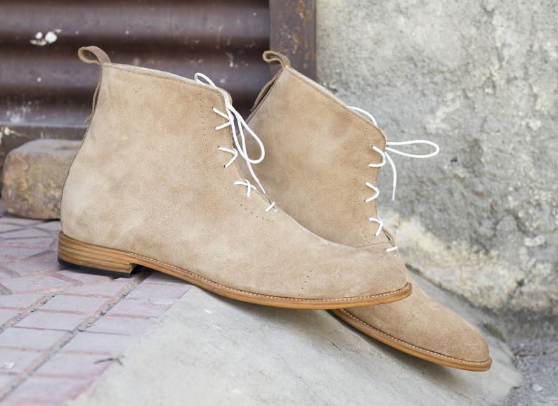 Mens Handmade Stylish Beige Color Suede Boots, Men’s Ankle High Formal Dressing Boots