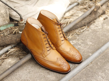 Handmade Men’s Tan Color Wing Tip Brogue Leather Boots, Mens Ankle High Leather Boots