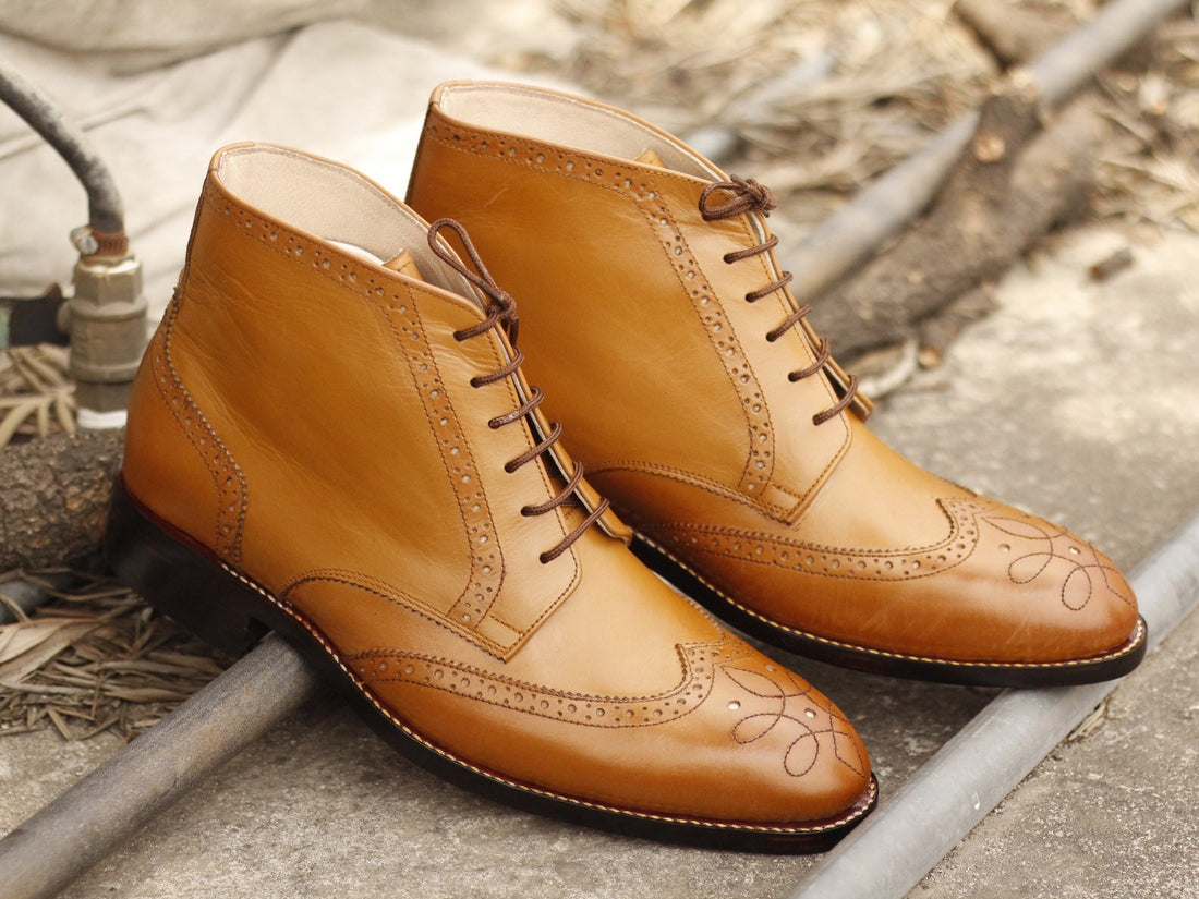 Handmade Men’s Tan Color Wing Tip Brogue Leather Boots, Mens Ankle High Leather Boots