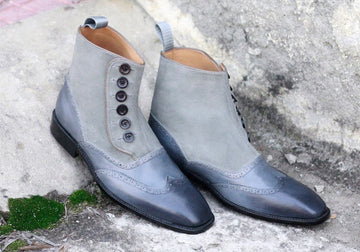 New Stylish Men's Handmade Gray Leather Suede Wing Tip Button Boots, Men Fashion Ankle Boots