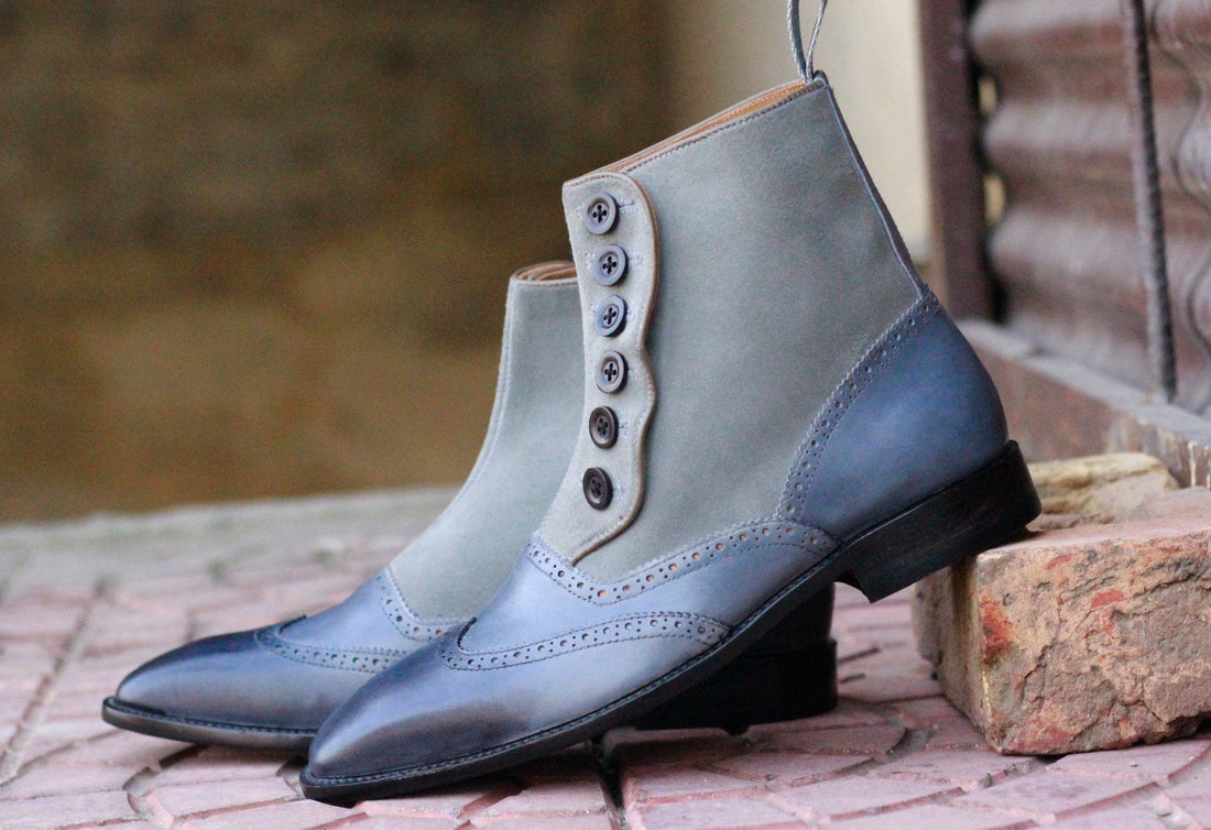 New Stylish Men's Handmade Gray Leather Suede Wing Tip Button Boots, Men Fashion Ankle Boots