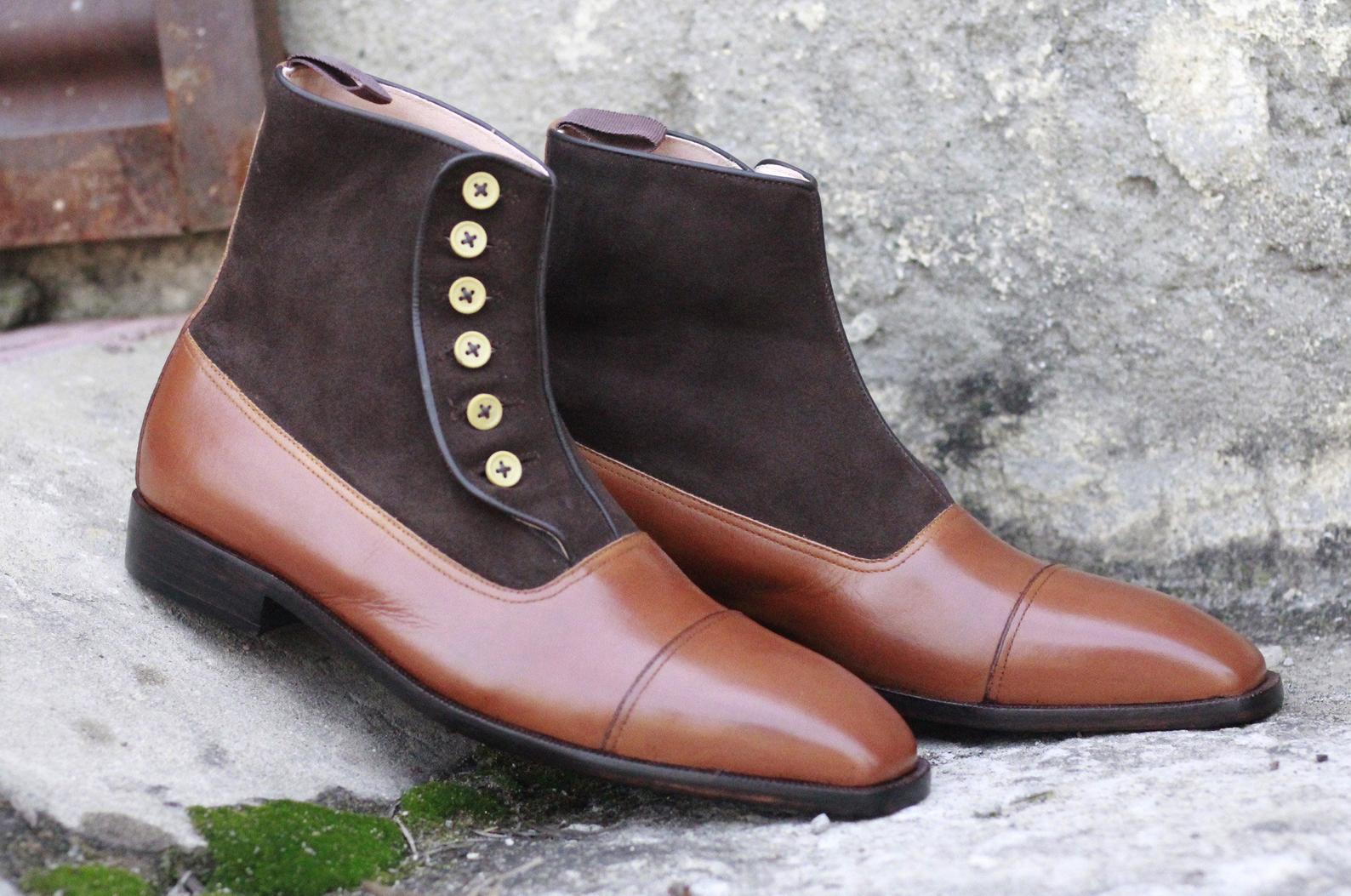 Beautiful Men’s Handmade Brown Leather Suede Button Boots, Men Designer Ankle High Cap Toe Boots