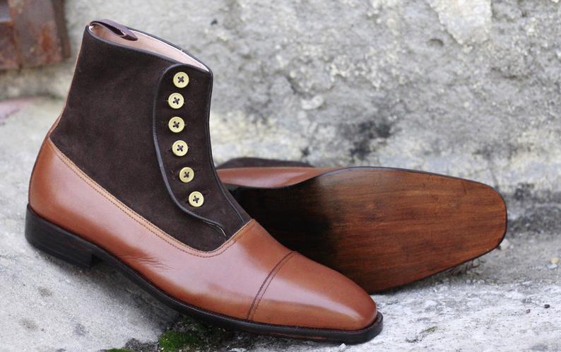 Beautiful Men’s Handmade Brown Leather Suede Button Boots, Men Designer Ankle High Cap Toe Boots