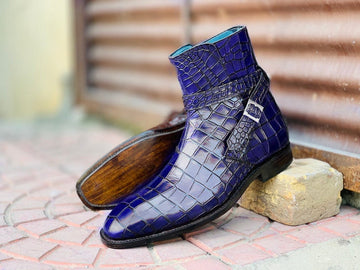 Men’s Handmade Blue Alligator Textured Jodhpur Boots, Mens High Ankle Fashion Boots