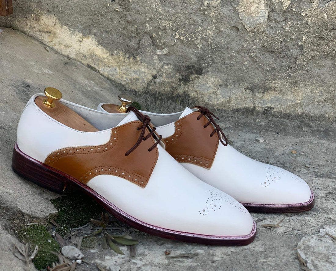 Two Tone Brown White Brogue Toe Leather Shoes, Men Lace up Designer Dress Formal Shoes