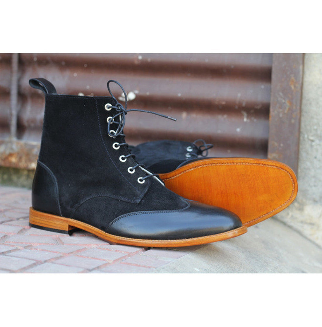 New Stylish Handmade Men's Black Leather Suede Wing Tip Boots, Men Fashion Ankle Boots