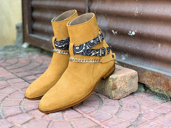 Men’s Handmade Jodhpur Boots, Beautiful Handcrafted Madrid Strap Suede Boots, Men Boots