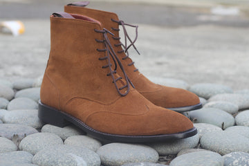 Men's Tan Suede Wing Tip Lace Up Boots, Men Fashion Ankle Boots