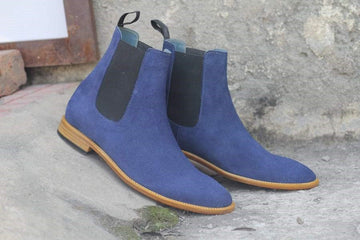 Mens Handmade Blue Color Suede Chelsea Boots, Mens Awesome Designer Ankle High Boots, Men Boots