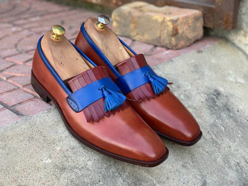 Mens Handmade Awesome Blue Brown Leather Loafer Shoes, Men’s Party Wear Fringes Casual Shoes