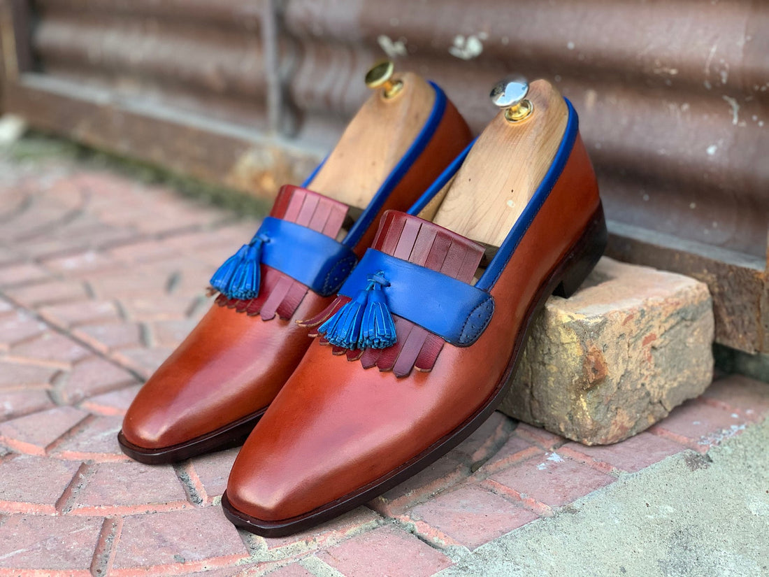 Mens Handmade Awesome Blue Brown Leather Loafer Shoes, Men’s Party Wear Fringes Casual Shoes