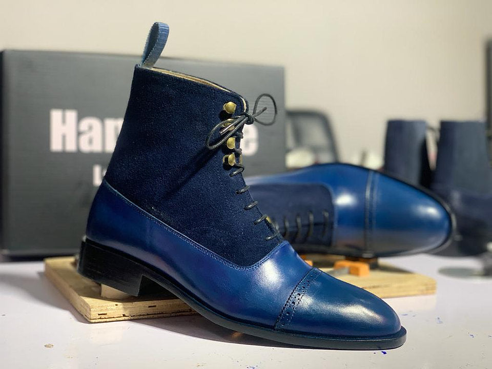 Mens Handcrafted Beautiful Cap Toe Leather Suede Boots, Men’s Blue Ankle High Lace Up Boots