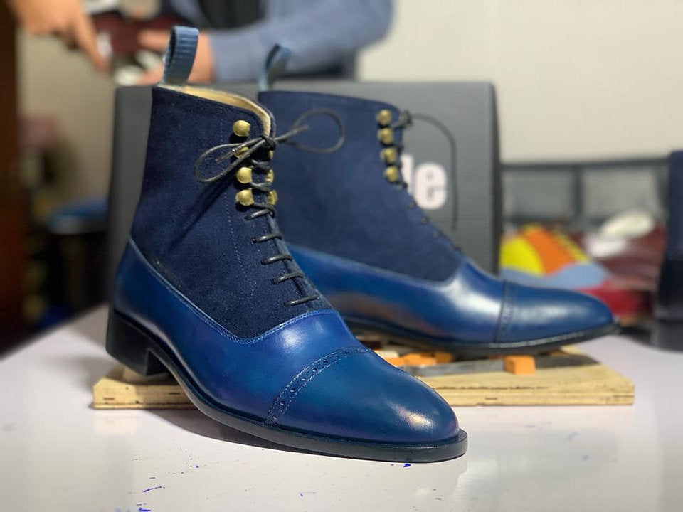 Mens Handcrafted Beautiful Cap Toe Leather Suede Boots, Men’s Blue Ankle High Lace Up Boots