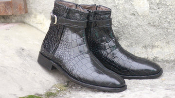 Stylish Handmade Men’s Black Color Alligator Textured Leather Ankle High Boots, Mens Designer Boots