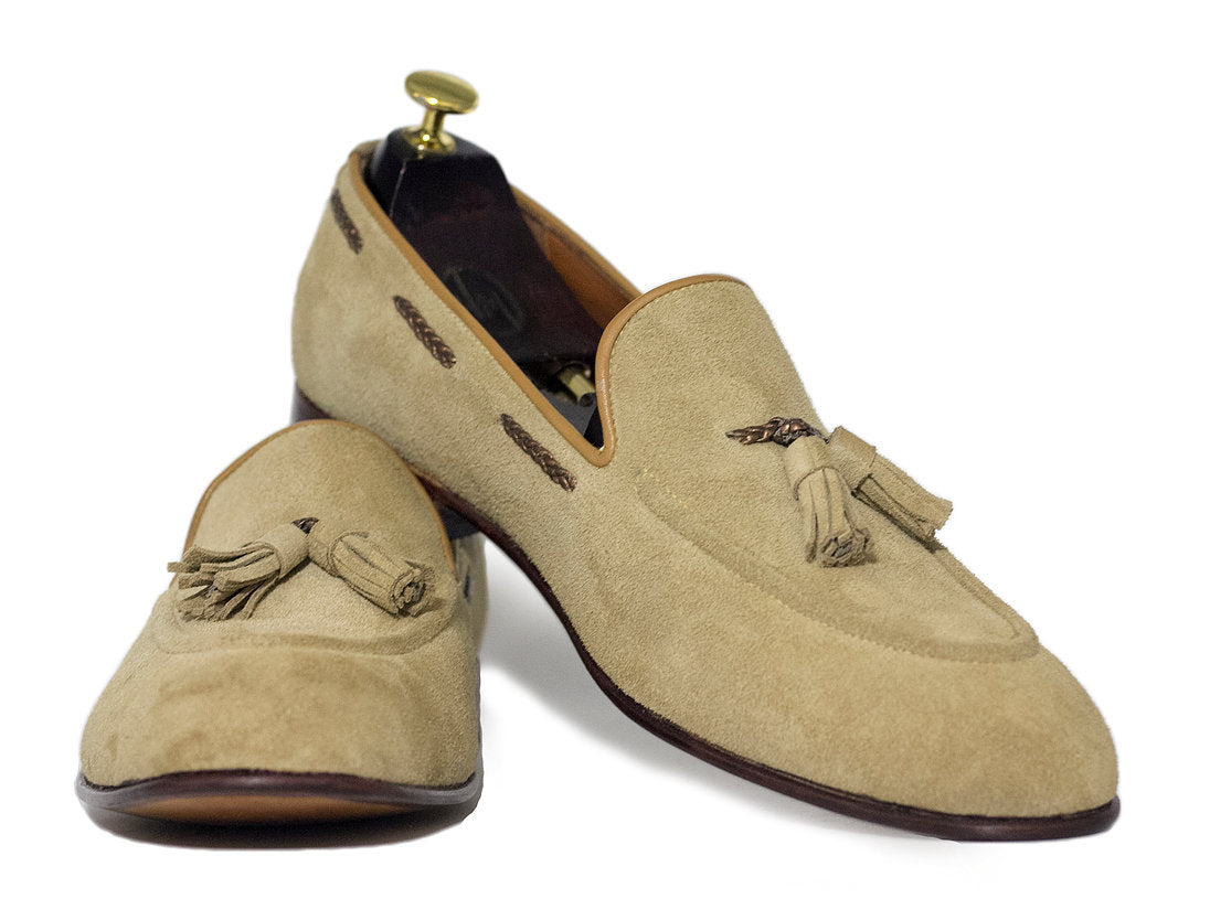 Men’s Handmade Beige Color Suede Casual Shoes, Mens Tassel Loafer Style Jeans Wear Shoes