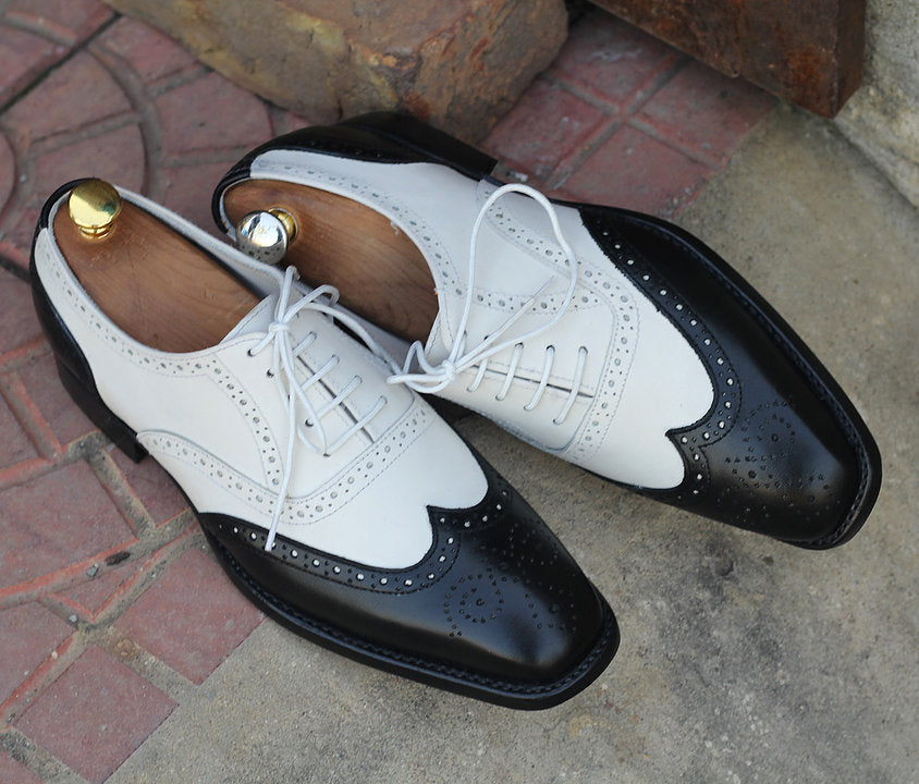 Men's Handmade Black White Premium Leather Lace Up Shoes, Mens Brogue Wingtip Formal Dressing Shoes