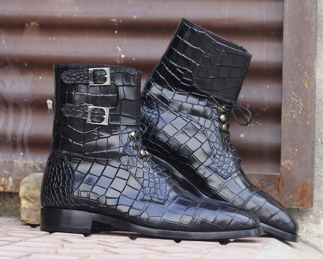 Stylish Handmade Black Alligator Textured Ankle High Boots, Mens Buckle Style Lace Up Boots, Men's Black Boots