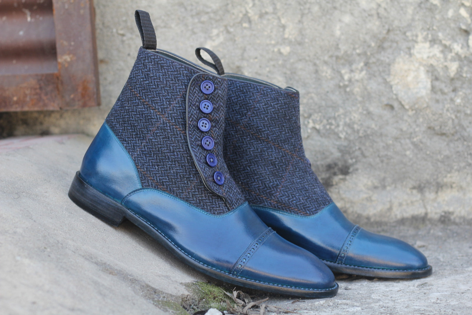 Mens Handmade Leather Tweed Cap Toe Boots, Men’s Two Tone Blue Gray Button Boots, Men Ankle High Awesome Fashion Boots