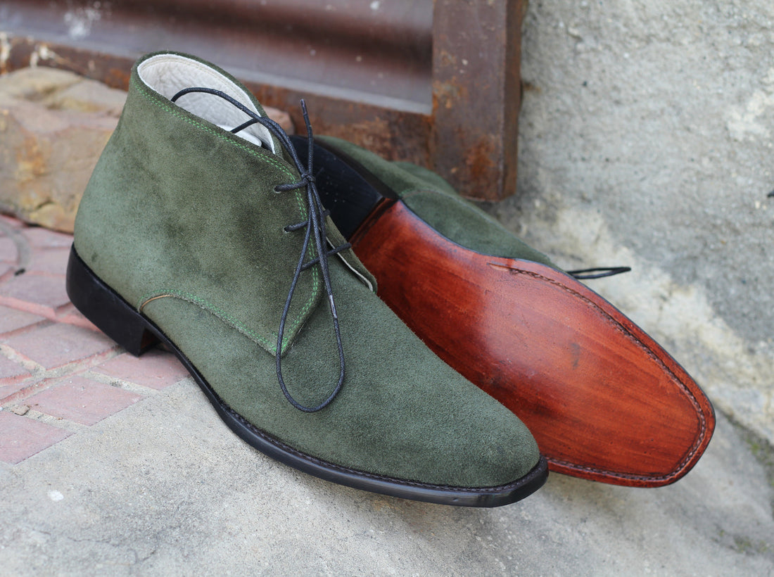 Mens Handmade Green Color Suede Chukka Boots, Men’s Ankle Suede Leather Boots