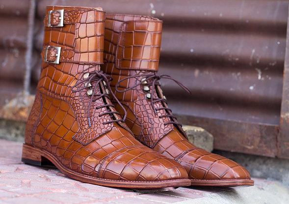 Mens Handmade Brown Color Alligator Leather Boots, Men’s Beautiful High Ankle Brown Color Button Designer Boots