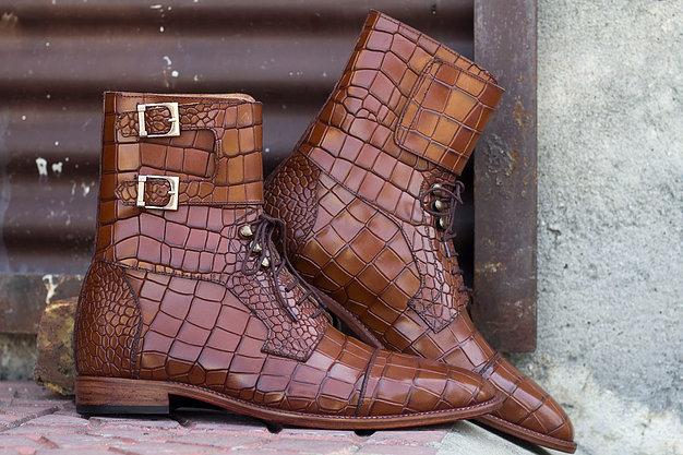 Mens Handmade Brown Color Alligator Leather Boots, Men’s Beautiful High Ankle Brown Color Button Designer Boots