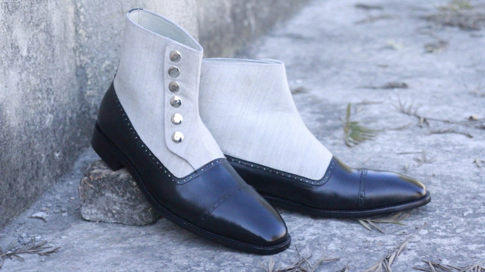 Handmade Men’s Ankle High Black White Button Designer Boots, Mens Fabric &amp; Leather Boots