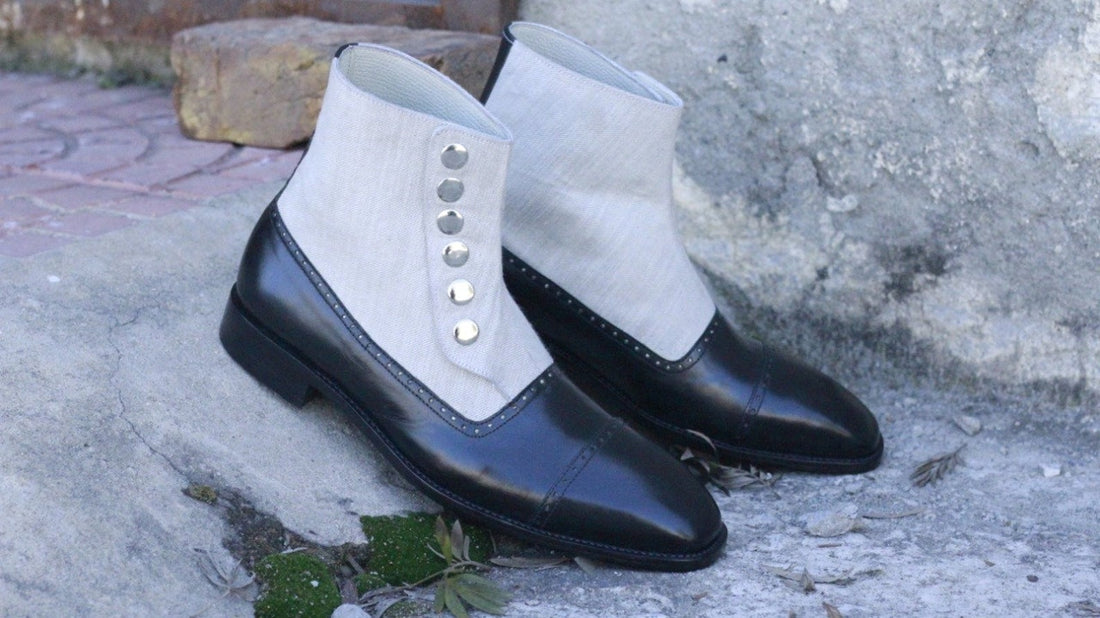 Handmade Men’s Ankle High Black White Button Designer Boots, Mens Fabric &amp; Leather Boots