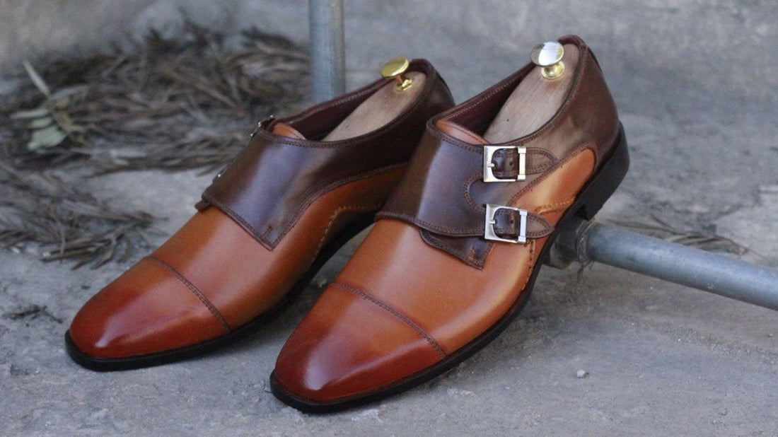 Two Tone Brown Leather Cap Toe Buckle Shoes. Men Dress Formal Fashion Shoes