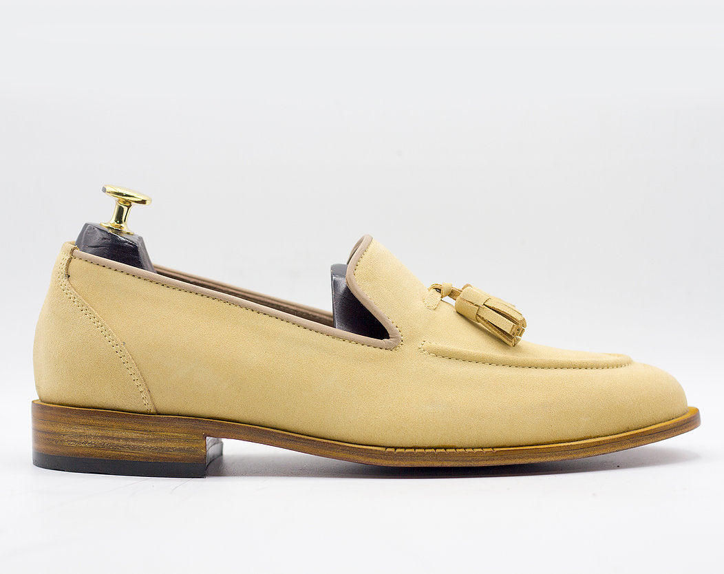 Men’s Handmade Beige Color Tassel Loafer Shoes, Men Suede Casual Shoe