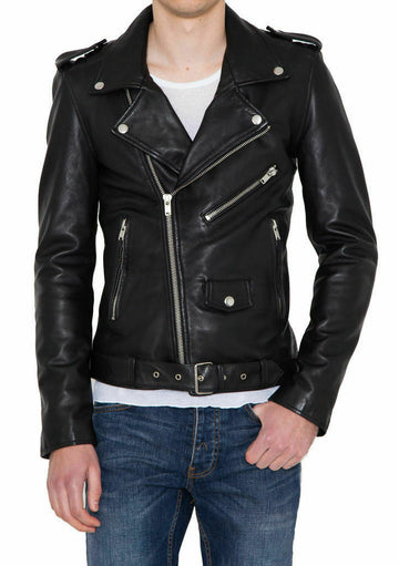 Men's Motorcycle Genuine Lambskin Leather Jacket, Zipper Black Slim fit Biker Jacket For Men