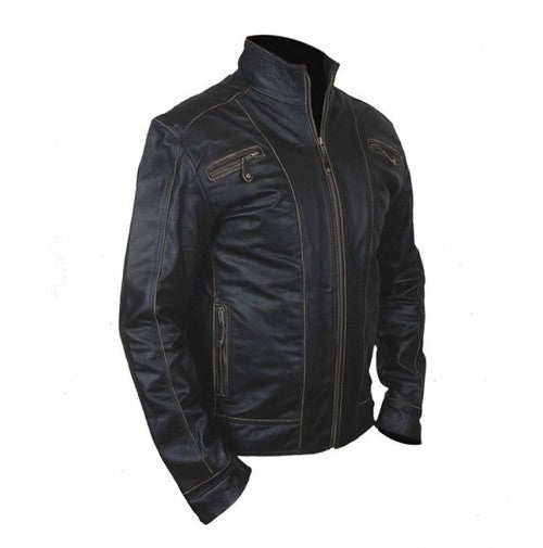 New Stylish Men's Black Rub Off Front Zipper Original Leather Jacket, Black Leather Jacket