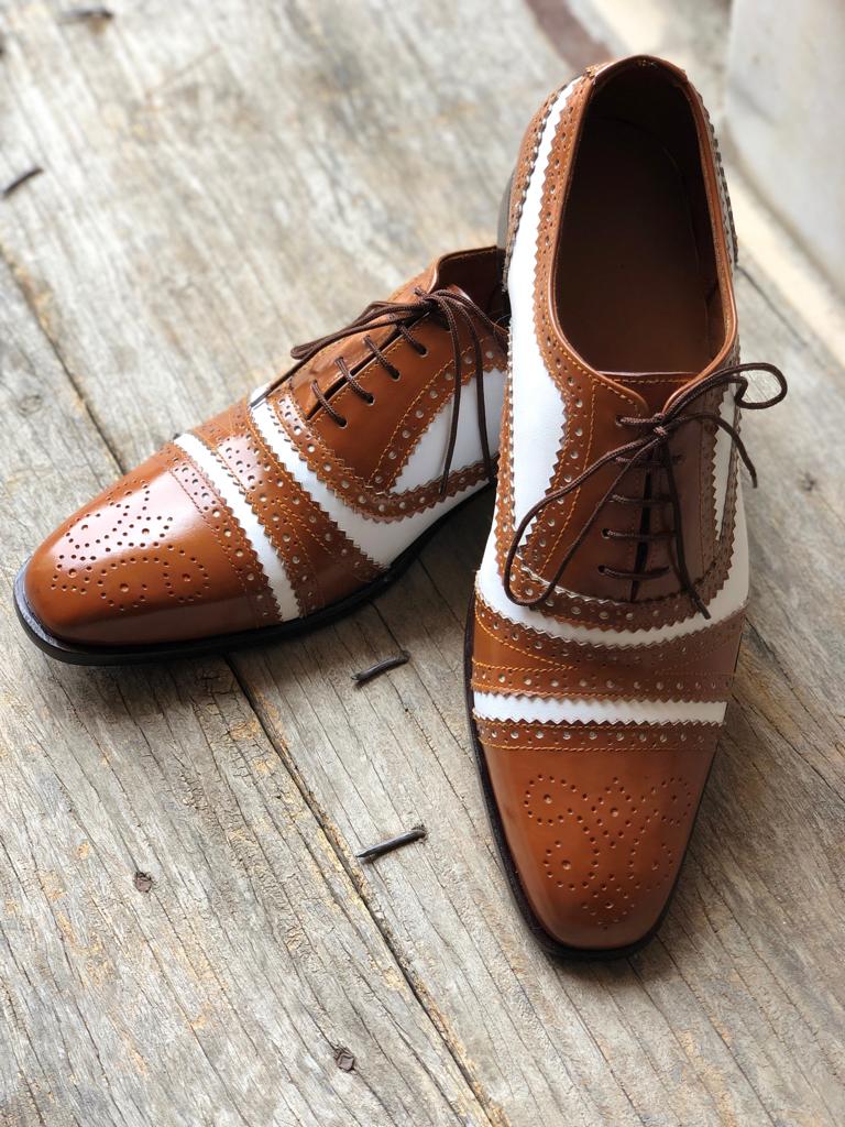 New Handmade Men's Two Tone White Brown Cap Toe Brogue Leather Lace Up Shoes, Men Designer Dress Formal Luxury Shoes