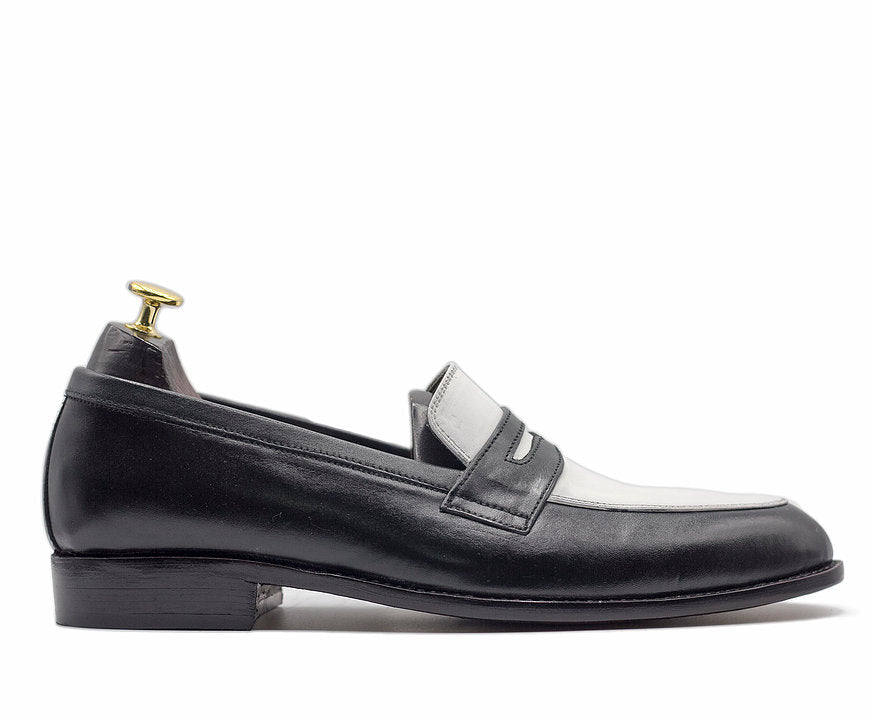 Mens Handmade Black &amp; White Leather Loafer Shoes, Men’s Casual Two Tone Shoes