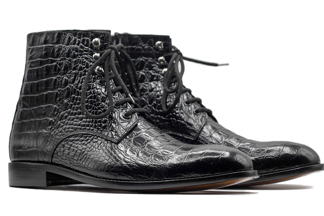 Beautiful Mens Handmade Black Alligator Boots, Men Awesome Style Lace Up Ankle High Boots