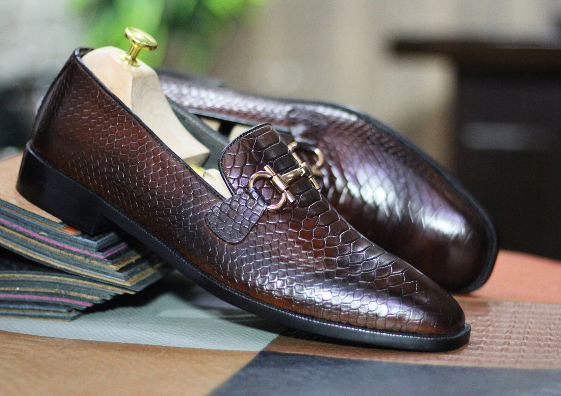 Mens Handmade Python Textured Leather Brown Color Shoes