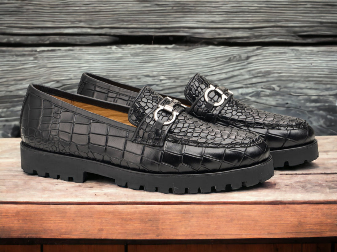 Men's Handmade Black Alligator Textured Leather Rubber Sole Loafers