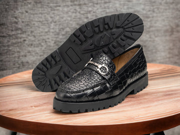 Men's Handmade Black Alligator Textured Leather Rubber Sole Loafers