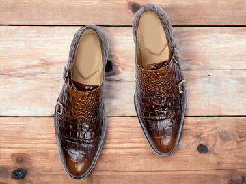 Men’s Handmade Brown Double Monk Leather Shoes, Mens Brown Alligator Textured Leather Shoes, Men Designer Shoes