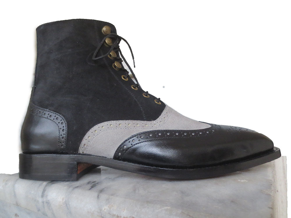 Mens Handmade Black Gray Two Tone Leather Suede Boots, Men Lace Up Boots