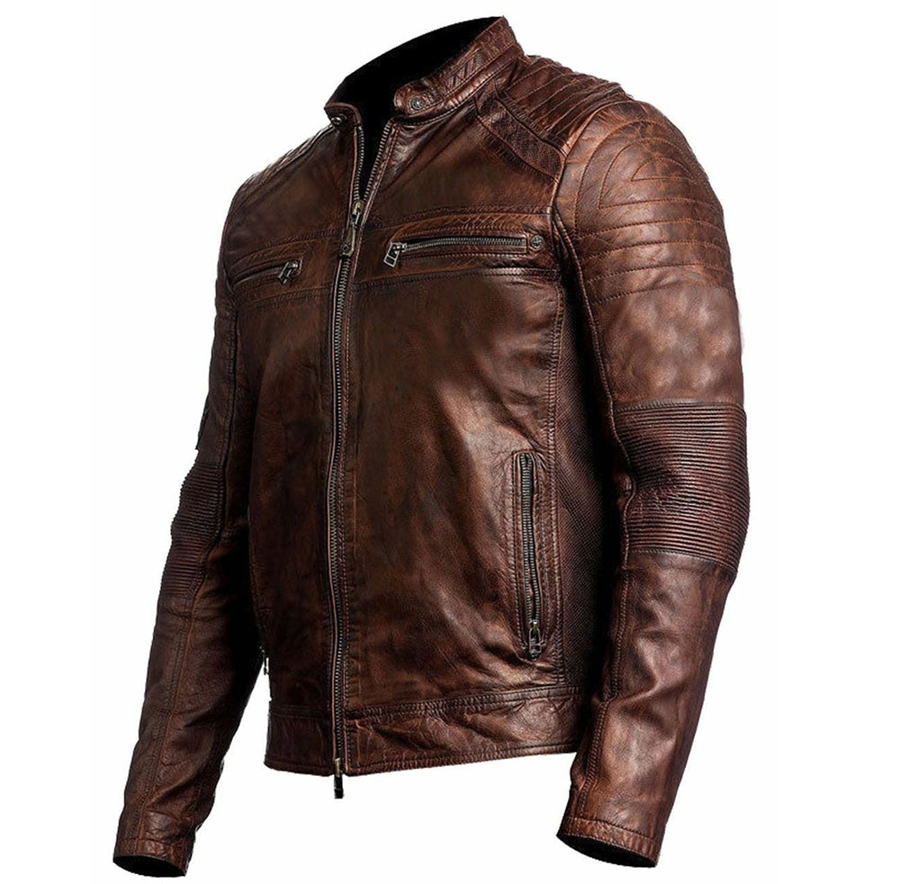 New Stylish Beautiful Men's Biker Vintage Ribbed Motorcycle Distressed Brown Cafe Racer Leather Jacket