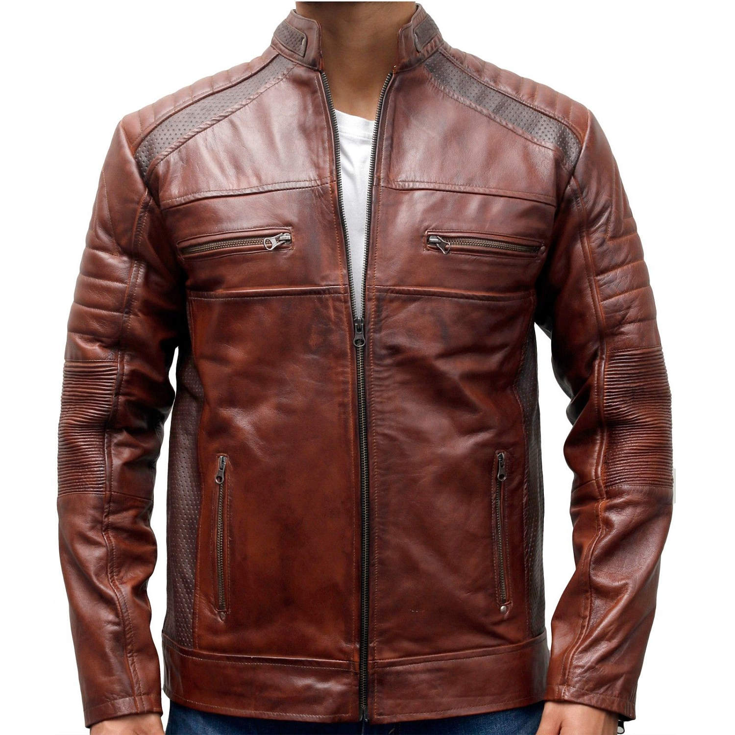 Stylish Men's Cafe Racer Motorcycle Vintage Distressed Brown Waxed Biker Leather Jacket