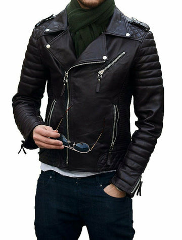 New Stylish Men's Quilted Leather Jacket, Men's Soft Cowhide Biker Bomber jacket