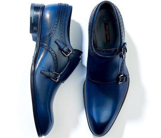 New Men's Blue Color Monk Double Buckle Strap Plain Rounded Toe Genuine Leather Shoes