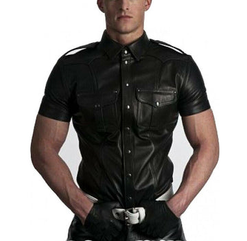 Stylish New Men's Real genuine Leather Police Uniform Shirt Sexy Short Sleeve Leather Shirt