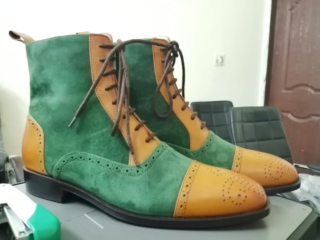 New Stylish Handmade Tan &amp; Green Color Leather &amp; Suede Ankle High Party Wear Men Lace Up Boots