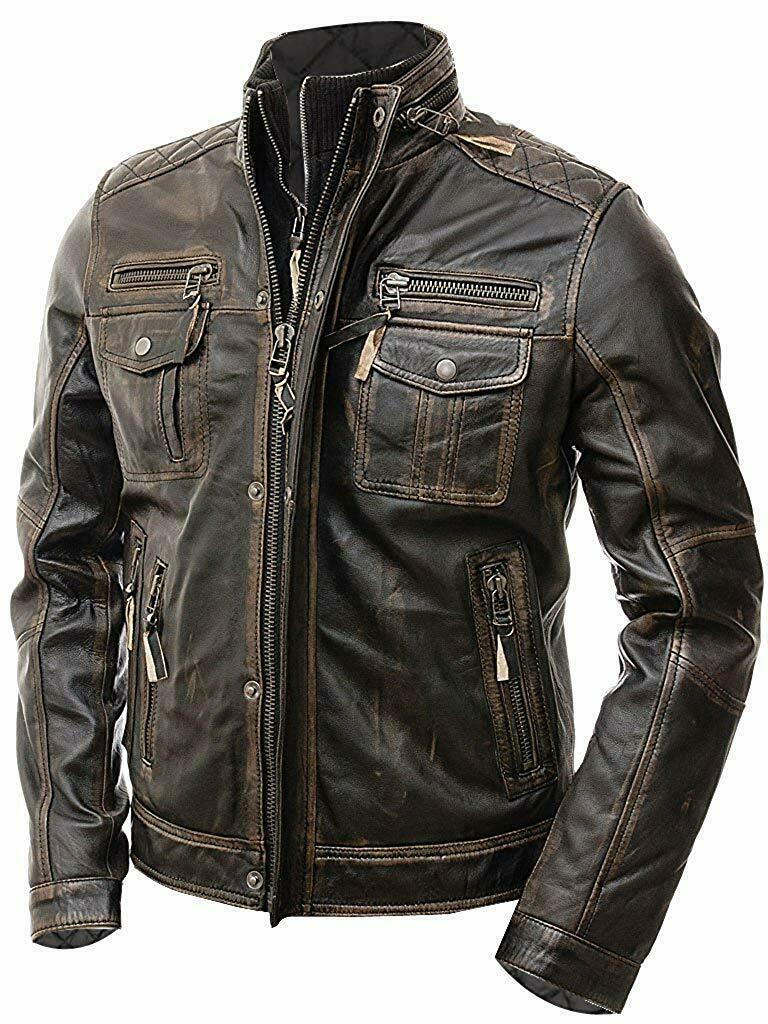 New Men's Vintage Cafe Racer Distressed Retro Biker Genuine Leather Jacket