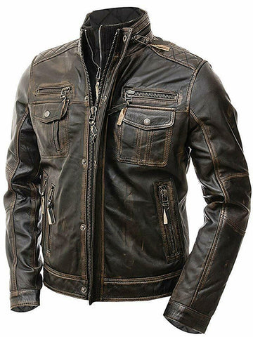 New Men's Vintage Cafe Racer Distressed Retro Biker Genuine Leather Jacket