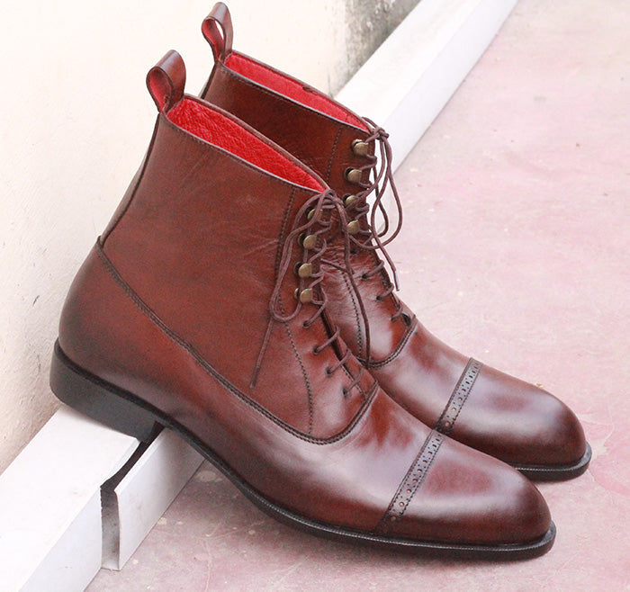 Handmade Men's Brown Leather Cap Toe Lace Up Boots, Men Ankle Boots, Men Fashion Boots