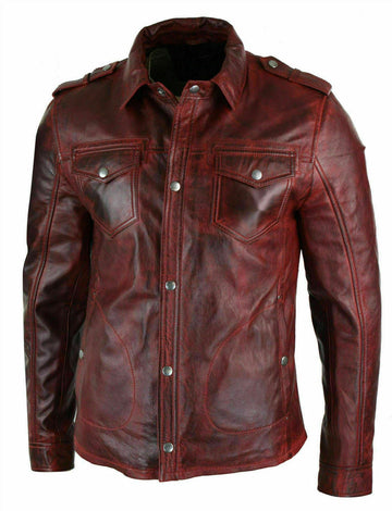 New Men's Shirt Jacket Maroon Real Soft Genuine Waxed Leather Shirt Leather for Mens