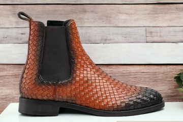 Handmade Men’s Designer Woven Leather Ankle High Boots, Mens Elegant Chelsea boots